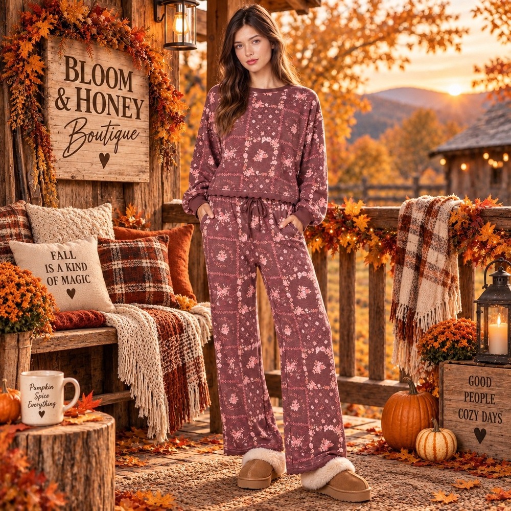 265.New Rareraw Mauve Pink Patchwork Floral Set Sweatshirt Wide Leg Pants M